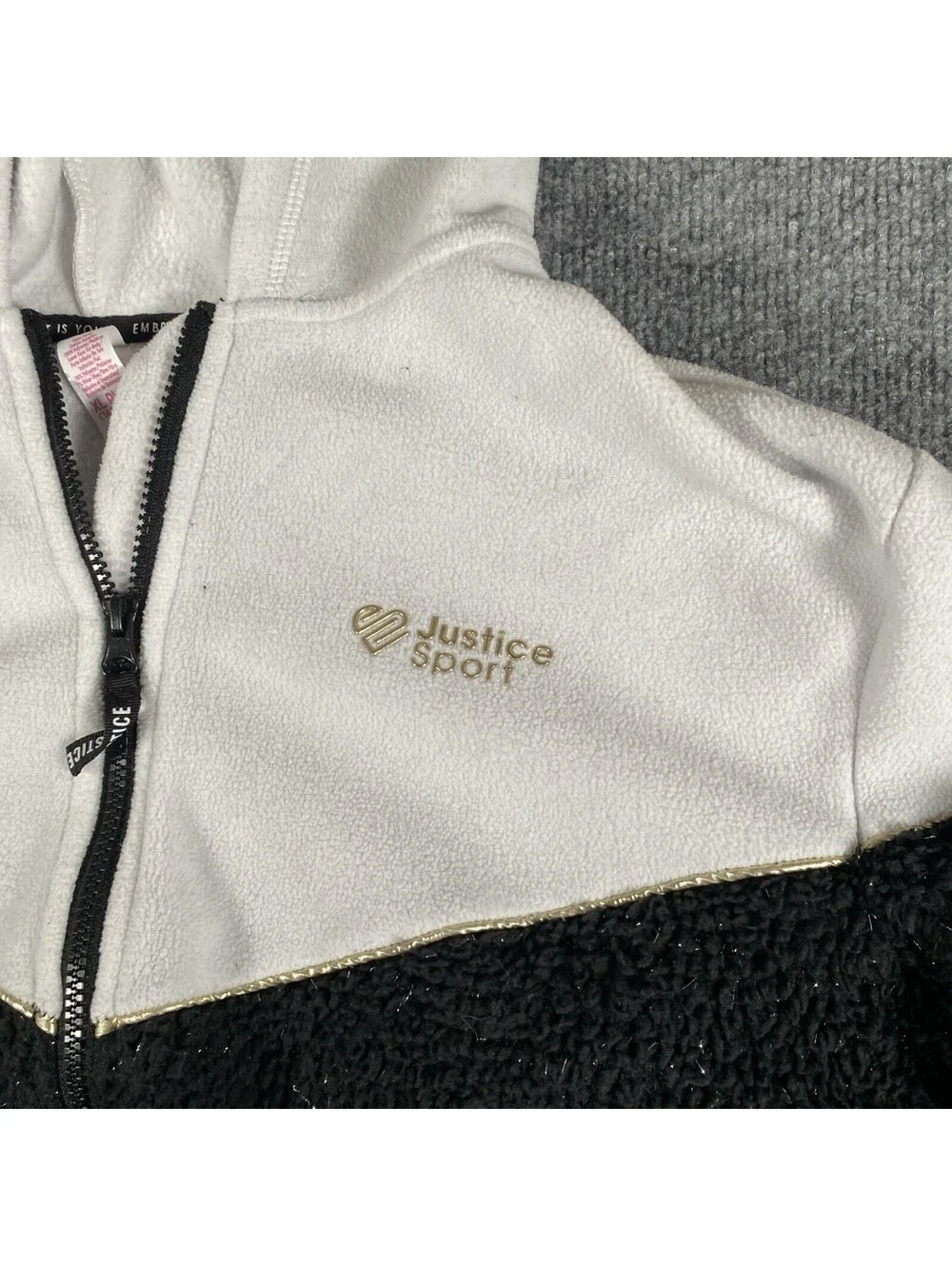 Justice Sport Jacket Girls XL 16/18 Black Full Zip Sherpa Glitter Hoodie AE